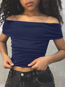Coolane 青少年女孩夏季纯色露肩修身短款上衣 T 恤，返校季，Y2K，街头服饰 - 藏蓝色 - 查看 3