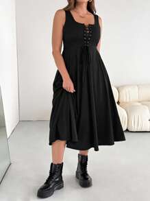 SHEIN Essnce Plus-Size Women's Casual Dress, Sun Dress, Mid-Length Inner Dress For Autumn, Lace-Up Dress, Casual Women's Clothing, Summer New Fashion Casual Chest Cross Strap U-Neck Vest A-Line Hem Dress