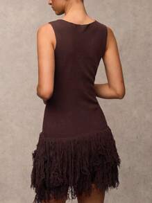 SHEIN BAE Váy dệt kim tua rua không tay cho nữ - Rỉ Nâu - Xem 3