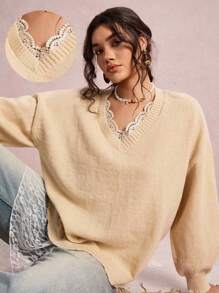 SHEIN VCAY Pulover lejer cu guler în V și dantelă contrastantă, mărime plus, pentru femei, casual, de zi cu zi, pentru naveta zilnică, toamnă