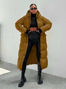 EURMUSE Hooded Buckle Belt Quilted Long Puffer Women's Down Coat With Gloves - Camel - View 6