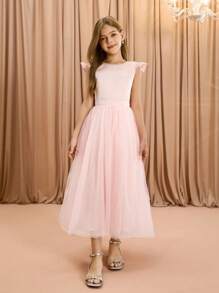 Tween Girls' Elegant Luxurious Round Neck Bowknot Midi Dress, Suitable For Evening Party, Wedding, Holiday, Christmas, Halloween, Birthday, Graduation And Other Occasions Fall Winter - Pink - View 3