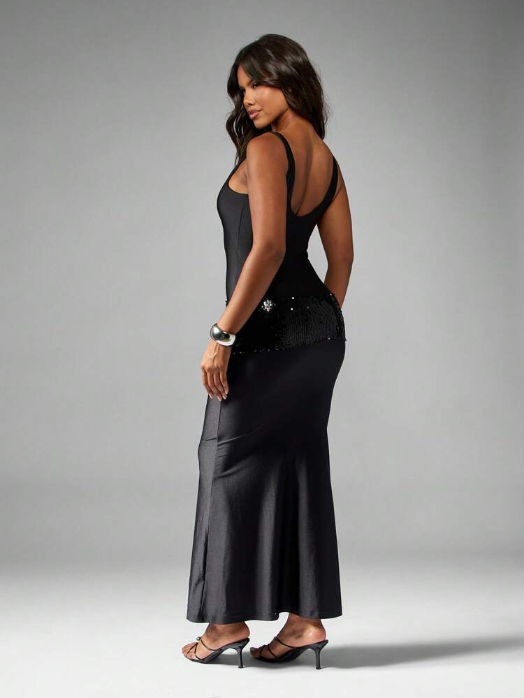 MISSGUIDED Robe longue de soirée fourreau à col bénitier sans manches avec détail de taille pailleté, robe de cérémonie longue pour occasions spéciales
