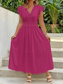 SHEIN Clasi 大码女式春夏连衣裙，白色针织提花弹力蕾丝拼布领腰 A 字长袖连衣裙