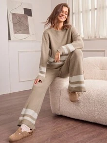 Hanevo 秋冬宽松圆领条纹阔腿针织两件套 - 卡其色 - 查看 5