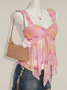 SHEIN ICON Women's Ditsy Floral Asymmetrical Hem Cute Floral Blouse, Adorable Summer Top Fall Women Clothes