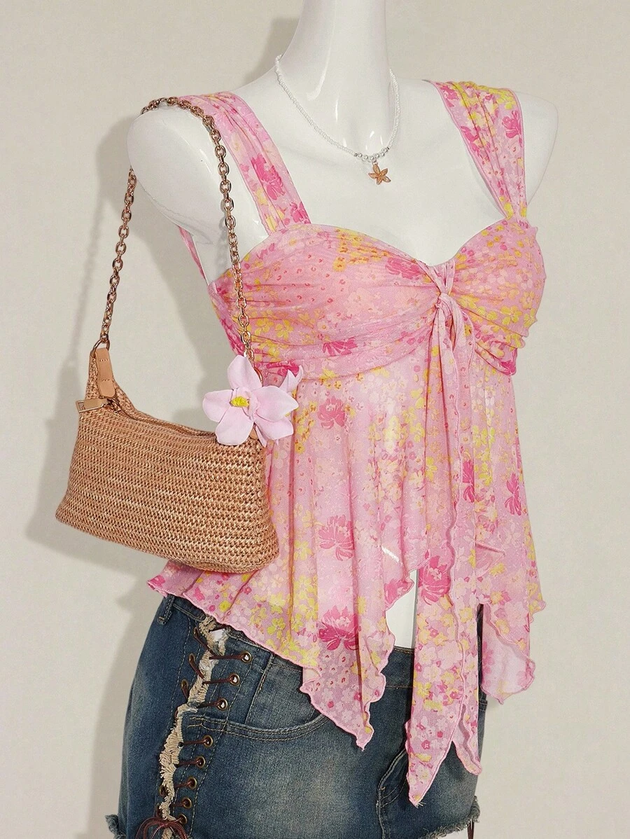 SHEIN ICON Women's Ditsy Floral Asymmetrical Hem Cute Floral Blouse, Adorable Summer Top Fall Women Clothes