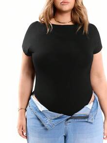 Solavibe Women's Plus Size Black Knitted Skin-Friendly Comfortable Daily All-Match Casual Sporty Sexy Backless Short Sleeve Solid Color Non-Removable Padded Convenient One-Piece T-Shirt Bodysuit, Summer
