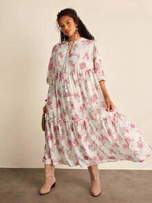 SHEIN VCAY 大码花卉印花休闲度假连衣裙 - 彩色 - 查看 1