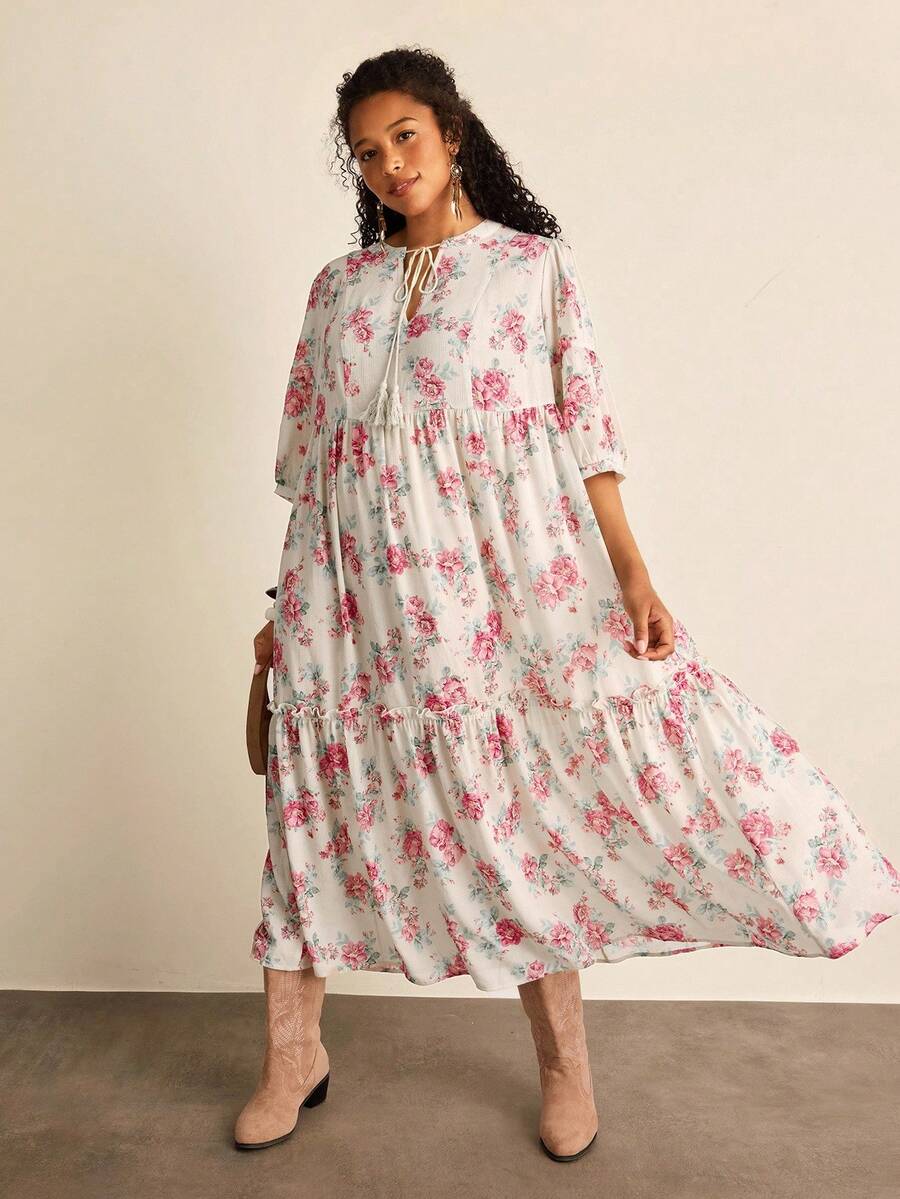 SHEIN VCAY 大码花卉印花休闲度假连衣裙 - 彩色 - 查看 1