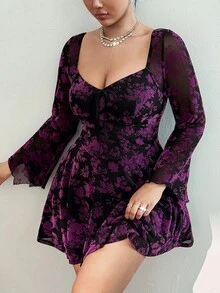 Viva Relle 大码女式花卉印花植绒 V 领喇叭袖荷叶边下摆迷你连衣裙，适合秋季、冬季、机场旅行、派对、正式、性感、露背、复活节、浪漫 - 彩色 - 查看 7