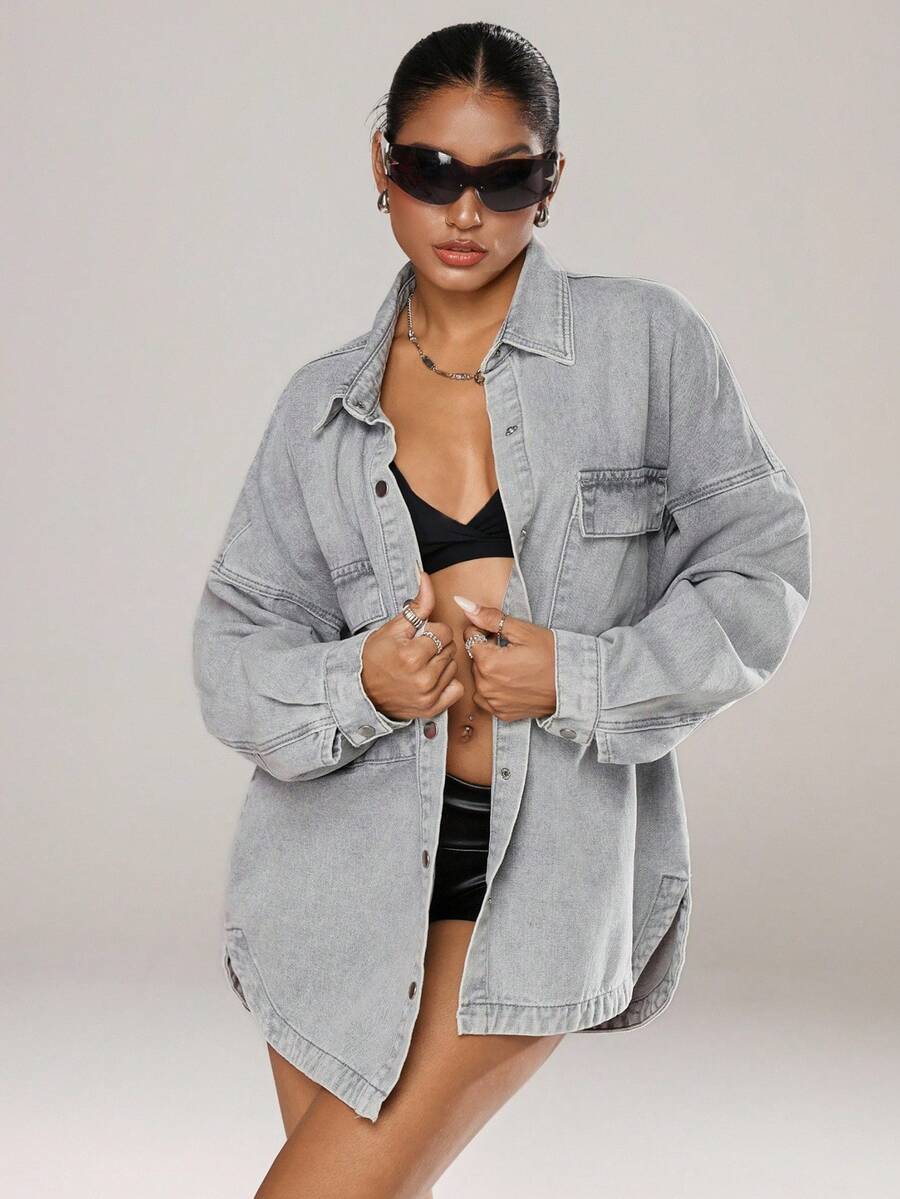 Jeanoix 休闲水洗落肩宽松牛仔外套 - 藍色 - 查看 1