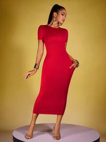 INAWLY Women's Slim Fit Solid Color Short Sleeve Dress, Summer - Red - View 4