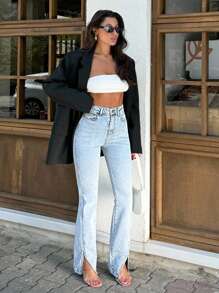 EURMUSE FLARE MID WAIST SLASH CUFF JEANS - Medium Wash - View 4