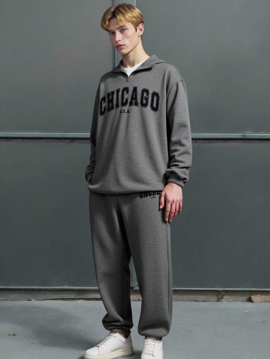 SHEIN 青少年男孩学院风字母印花立领卫衣和裤子套装,休闲、舒适、时尚、百搭、面料柔软,适合日常穿着、上学、郊游、户外运动,四季皆宜 - 灰色 - 查看 1