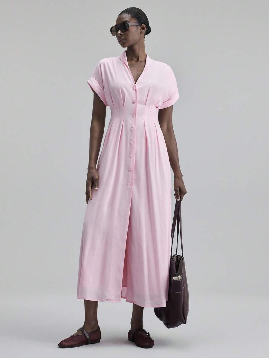 Ontre Women's Solid V-Neck Bat Sleeve Pleated Single-Breasted Casual Long Dress, Suitable For Beach Holiday, Island Resort, Bohemian Music Festival, Halloween, Christmas Party, Elegant Business Casual Dress - Pink - View 1