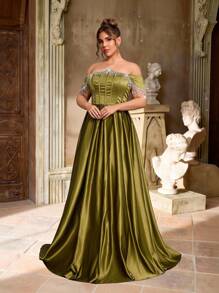 Aureia Gaun Malam Formal Elegan Musim Semi Warna Hijau Zaitun Ukuran Besar, Gaun Pesta Pernikahan Model A-Line Berlipit dengan Desain Rumbai Rantai Berlian Satu Bahu - Dark Green - View 8