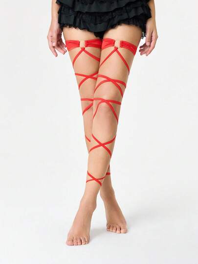 Kawaii زوج من أربطة الساق على الطراز الجوتي، جوارب طويلة حتى الفخذ مفرغة، مناسبة للارتداء مع الفساتين