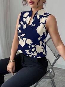 Elenzga V-Neck Silhouette Print Half-Placket Sleeveless Shirt