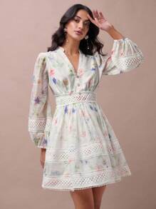 Enchnt Women's Light Green Elegant Autumn V-Neck Long Lantern Sleeve All-Over Print Lace Patchwork Short Dress,Sweet For Tea Party,Vacation,Wedding Guest - White - View 5