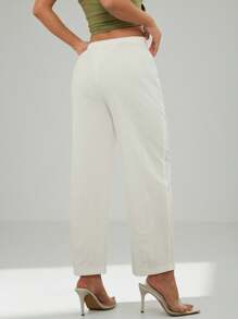 SHEIN PETITE 100 % bomull, bekväma, andningsbara, avsmalnande byxor med fickor för kvinnor - Vitt - Visa 2
