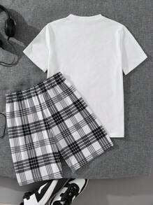 SHEIN 2pcs Tween Boy Casual Round Neck Graphic Short Sleeve T-Shirt & Plaid Shorts Pajama Set, Boys Night Clothes, Boys Sleepwear, Plaid Pajama Set