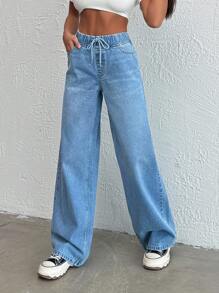 EURMUSE MID WAIST WIDE LEG  ELASTIC   JEAN - Light Wash - View 4