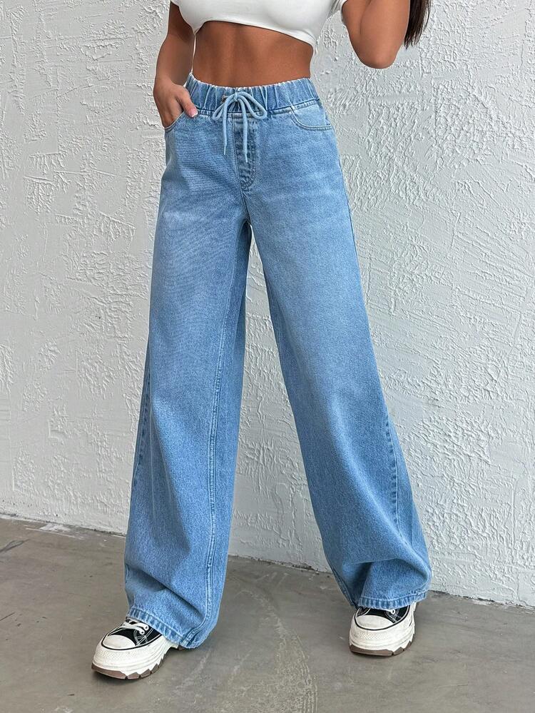 EURMUSE MID WAIST WIDE LEG  ELASTIC   JEAN - Light Wash - View 4