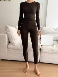 DAZY Conjunto de ropa de estar en casa de punto de unicolor y ajustado para mujer, ropa de invierno y otoño, pijama