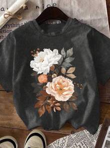 DrmWander 女士休闲图案 T 恤，街头风格短袖 T 恤，可爱夏季上衣，度假氛围 - 灰色 - 查看 3