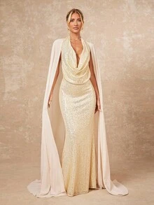 Lumalex 2025新款夏季海滩度假复活节波西米亚风格海滩户外婚礼派对成人毕业派对优雅奢华杏色亮片雪纺飘逸垂坠领修身鱼尾下摆连衣裙女 - 杏色 - 查看 9