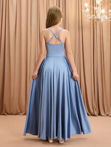 女孩优雅时尚奢华细肩带交叉肩无袖高腰收腰喇叭下摆长款不对称下摆设计纯色缎面闪亮面料高端圣诞节、毕业典礼、派对、万圣节连衣裙 - 藍色 - 查看 2