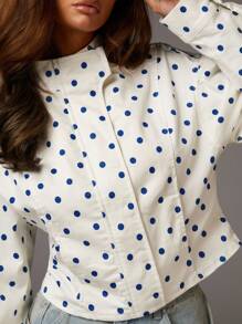 Athîral 女士休闲、度假及日常穿着薄夹克波尔卡圆点衬衫短款上衣学院风上衣70年代秋冬上衣 - 白色 - 查看 6