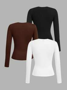 SHEIN EZwear 3pcs/Set Women Crew Neck Long Sleeve Solid Color Slim Fit Long T-Shirt Suit, Suitable For Spring, Autumn And Winter Autumn And Winter
