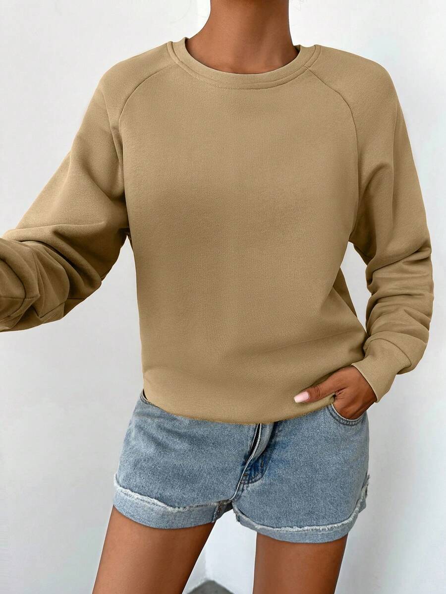 EURMUSE Solid Raglan Sleeve Sweatshirt - Camel - View 1