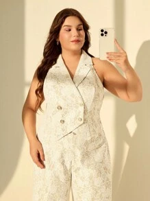 SHEIN MOD Plus Size 2 Pieces Set : White Lace Patchwork Apricot Vest And Long Pants, Elegant For Commuting And Everyday Wear,Teacher Outfits For Women,Back To School Clothes - Apricot - View 5