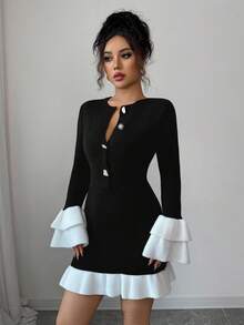 Elenzga Crew Neck Long Sleeve Classic Black & White Contrast Color Asymmetrical Metal Gold Bronze Button Decorative Ruffle Hem Bodycon Stretchy Comfortable Short Vintage Palace Style Elegant Casual Versatile Sweater Dress, Suitable For Multiple Occasions In Spring, Early Autumn, Winter Fall Cloth For Women - Multicolor - View 7