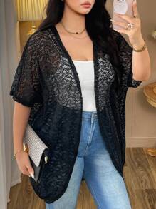 Elenzga Áo khoác tay cánh dơi viền ren 3D cỡ lớn cho nữ - màu đen - Xem 5