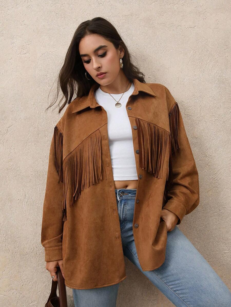 Juhart Plus Size Women's Brown Casual Minimalist Collar Patchwork Fringe Jacket Winter Fall Autumn - Brown - View 1