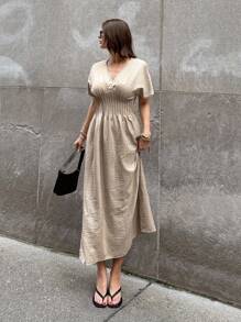 Siren Gaze New V-Neck Long Waist Cinched Dress Linen Dress Casual Midi Dress,Long Dress With Pleats At The Waist Summer - Apricot - View 4