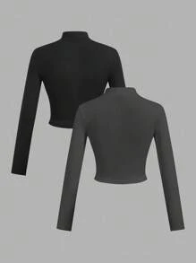 Slaydiva 2 件女式简约休闲秋冬 V 领弹力 T 恤，半拉链和紧身长袖，白色和黑色 - 灰色 - 查看 2