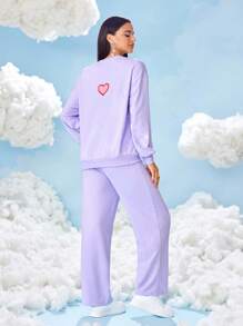 SHEIN X Care Bears Women's Casual Cute Cartoon Bear Print Dropped Shoulder Loose Pullover Sweatshirt And Straight Leg Pants Set, Spring/Autumn - Mauve Purple - View 2