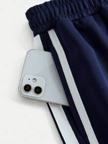 SHEIN Teen Girls Navy Blue Loose Casual Sweatpants, Solid Color Fashion Sports Pants, Contrast Color Ribbon Decor, Reversible Waistband Design, Comfortable Campus Style Pants, Simple Solid Color Loose Sweatpants Wide Leg Sweatpants Navy Blue Sweatpants Track Pants Comfy Sweatpants Comfy Pants