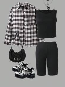 Ensemble chemise à carreaux décontractée, débardeur unicolore et short - Multicolore - Voir 3