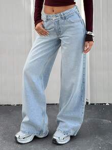 EURMUSE 休闲洗水低腰宽松直筒牛仔裤 - 中等水洗藍 - 查看 5