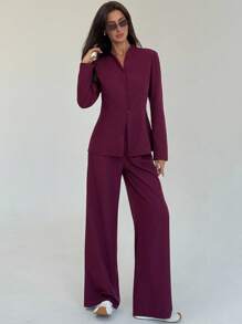 Aloruh Women's Solid Color Long Sleeve Single-Breasted Jacket And Pants Casual Suit Set In Fall/Winter - Burgundy - View 4