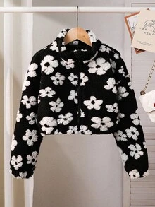 SHEIN Tween Girl Floral Printed Zipper Jacket With Long Sleeves