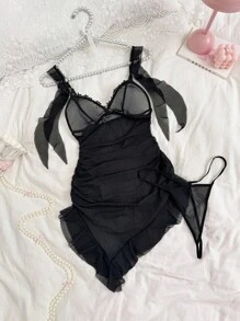 PetitDoll 2pcs Set Sheer Ruffle Asymmetrical Hem Mini Dress, Going Out Sheer Lingerie Set - Black - View 5