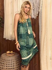 Lullawish Bohemian Paisley Print Tassel Decor Camisole Women Nightgown - Dark Green - View 3