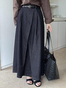 女士收腰设计长款休闲牛仔裙 - 深色水洗藍 - 查看 1